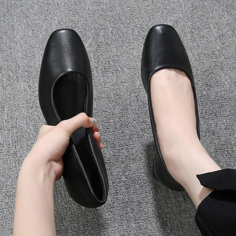 粗跟单鞋女夏软底中跟黑色方头鞋职业正装空乘工作鞋型号776女鞋
