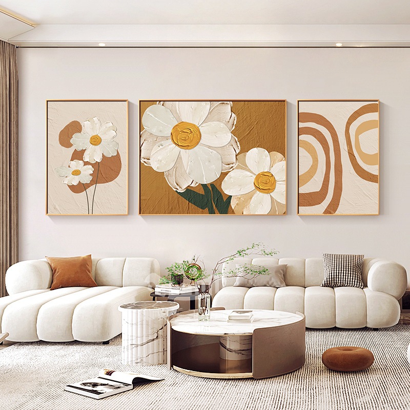 侘寂风客厅挂画奶油沙发背景墙装饰画北欧风花卉三联画北欧壁画