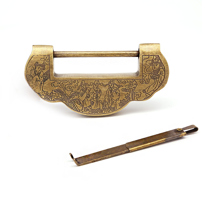 中式仿古樟木箱子柜子铜锁老式元宝锁古代纯铜横开铜挂锁复古锁头