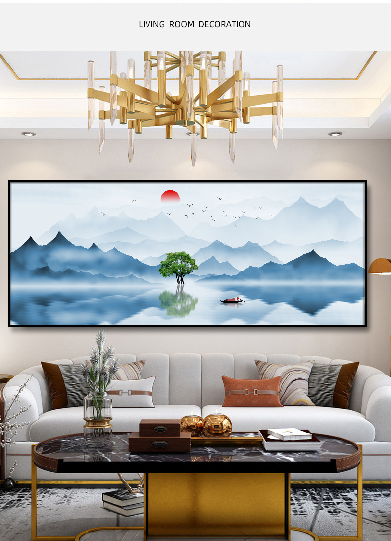 新中式山水画客厅装饰画 沙发背景墙壁画挂画 横版大气壁画晶瓷画