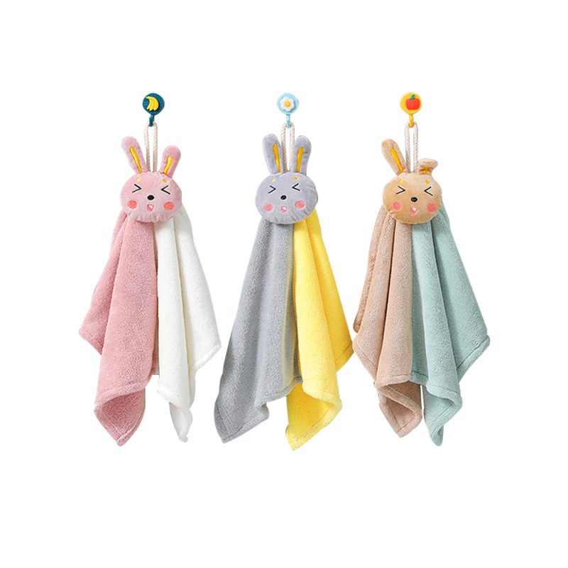 Coral Fleece Cartoon Rabbit Absorbent Towel Kitchen Bathroom Hand Cleaning Cloth Children's Hand Washing Can Hang Hand Towel