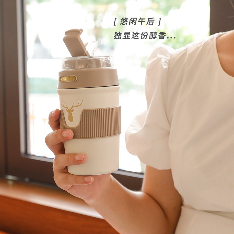 New Fashion Ins Double Drink Coffee Cup Car 316 Stainless Steel Vacuum Cup Good-looking Water Cup Internet Celebrity Cup with Straw