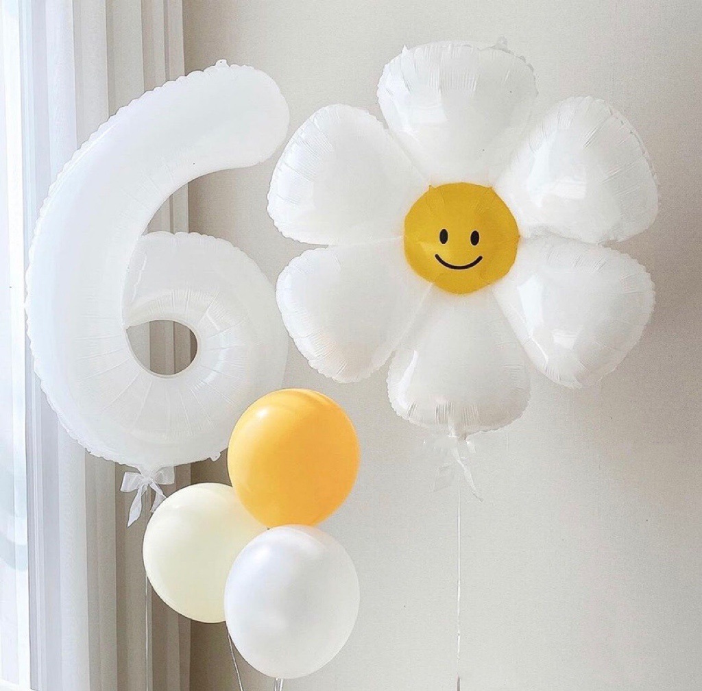 韩版雏菊花朵铝膜气球网红生日拍照布置道具白色笑脸菊花铝箔气球