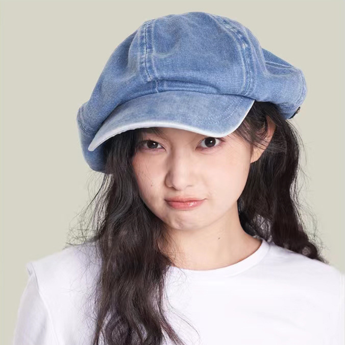 秋冬款牛仔贝雷帽女百搭显脸小云朵帽子大头围凹造型八角帽画家帽