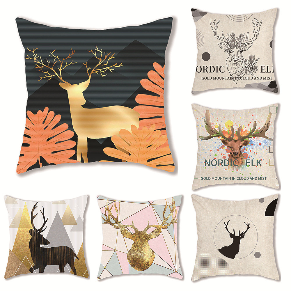 Hand-Painted Cartoon Watercolor Digital Printed Pillowcase Christmas Elk Head Portrait Holiday Activity Gift Decorative Cushion