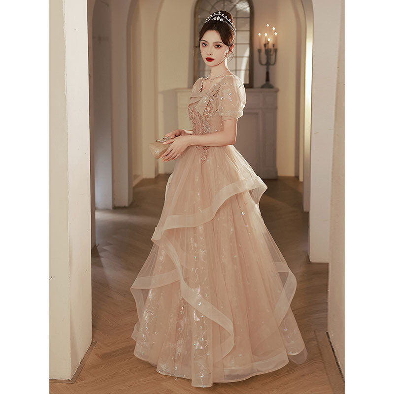 晚礼服女2024新款气质长款轻奢小众香槟色法式方领蓬蓬裙礼服宴会