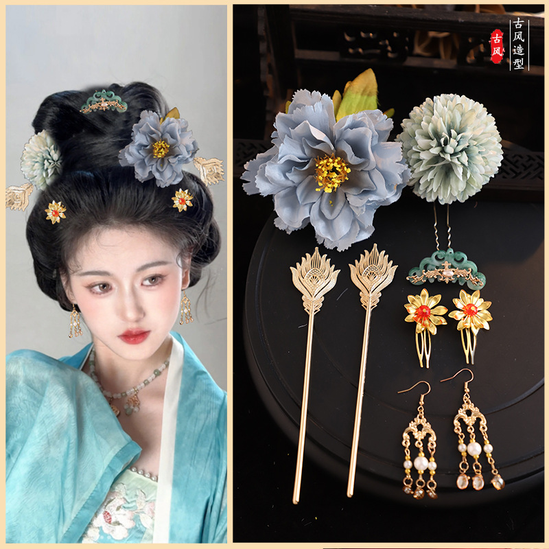 古风贵妃发饰汉服发簪发梳饰品唐风造型牡丹绢花百搭日常发钗配饰