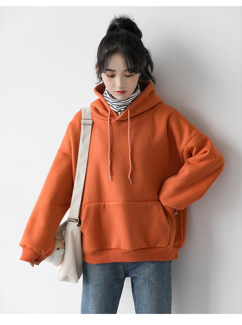 显瘦套头棉清新甜美日系纯色卫衣女加绒加厚宽松上衣外套女士帽衫