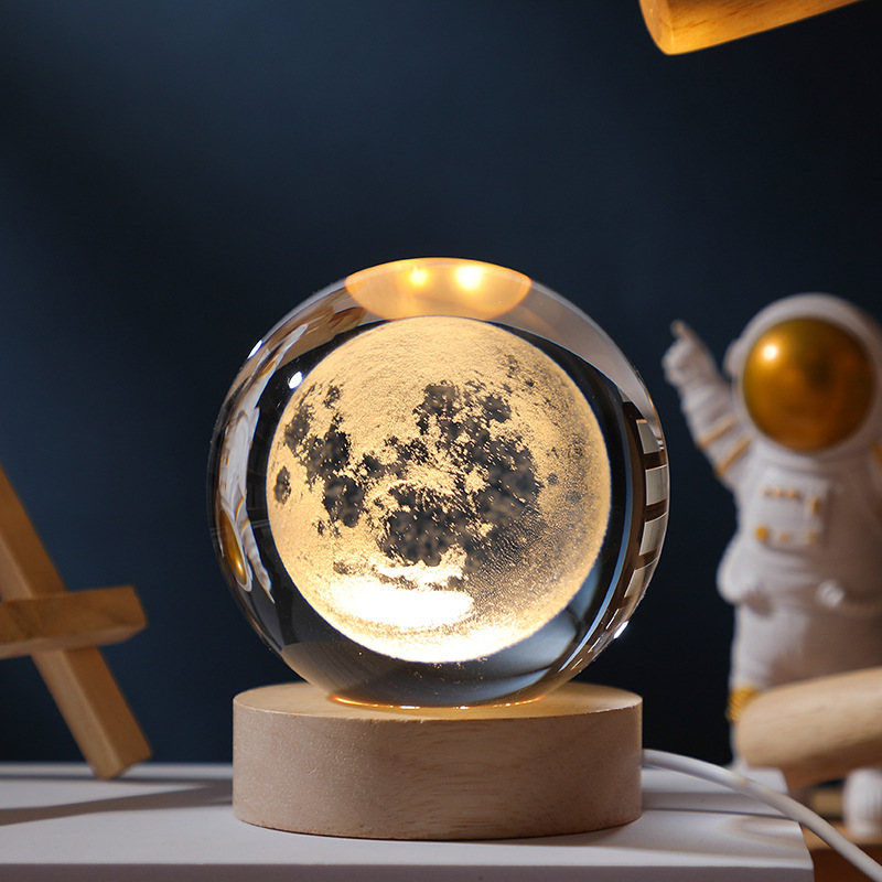 3D Inner Carved Crystal Ball Small Night Lamp Galaxy Glass Ball Wooden Luminous Base Desktop Decoration Holiday Decoration Gift