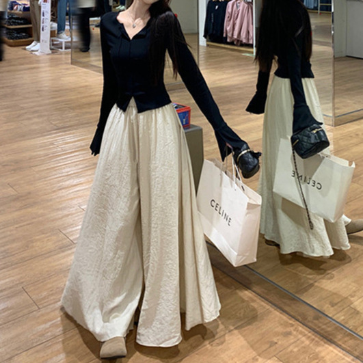 v领气质喇叭长袖上衣长款高腰阔腿裙裤女春季2024新款时尚两件套