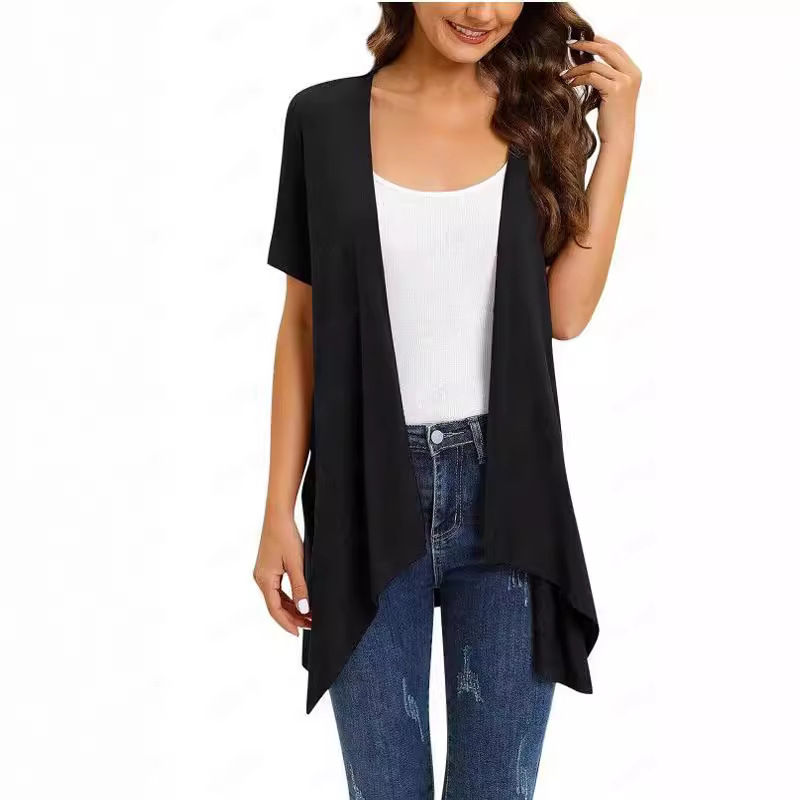 2024欧美跨境亚马逊独立站速卖通休闲短袖纯色不规则开衫上衣女装