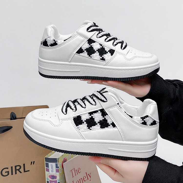 日系魔术贴大头鞋子2024春季新款厚底拼色学生小白鞋系带圆头女鞋