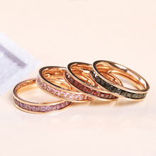 日系轻奢网红单排满钻彩钻戒指女时尚个性钛钢玫瑰金素圈食指尾戒