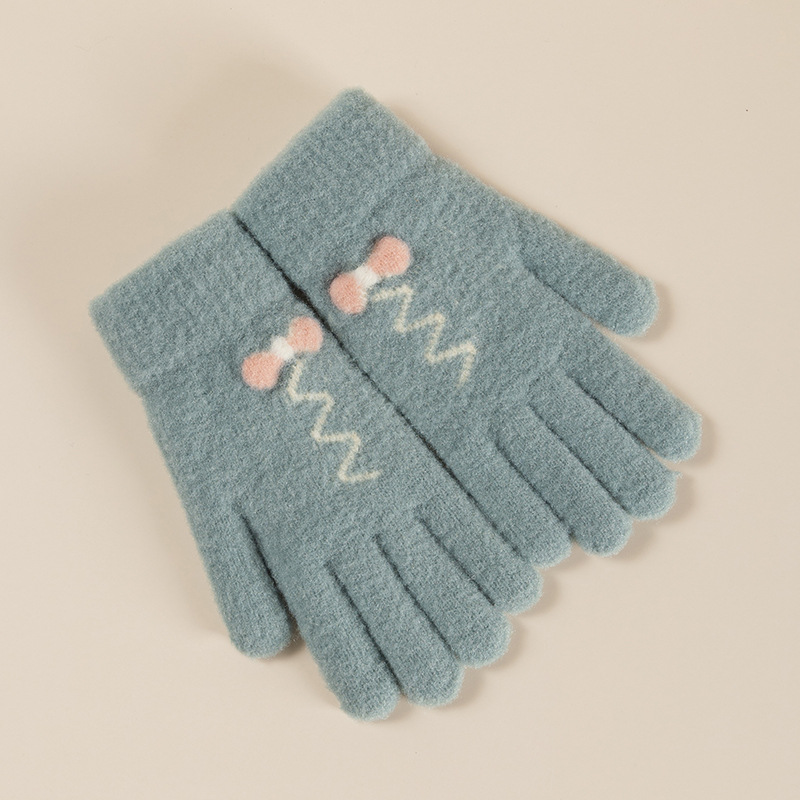 雪花秀女士手套冬季保暖针织提花拼色五指手套玩手机触屏分指手套