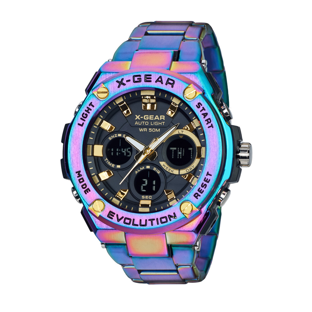 x-gear新款男士运动商务自动夜光腕表 多功能双显皮带手表防水