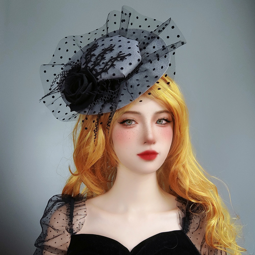 万圣节哥特风新娘拍照网纱名媛晚宴礼服配饰法式平顶礼帽子fj-238