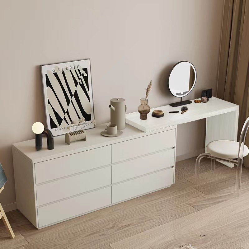 欧兰嘉卧室奶油风全实木梳妆台收纳柜一体组合多功能伸缩转角妆台