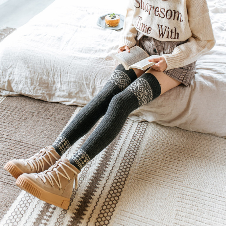 菱格麻花长筒袜套过膝高筒袜护腿套女瑜伽袜兔羊毛加厚保暖护膝袜