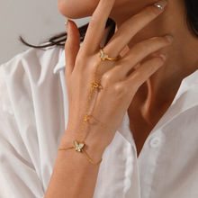 欧美时尚白贝镶嵌蝴蝶不锈钢手指链套装 个性流行18K镀金首饰批发