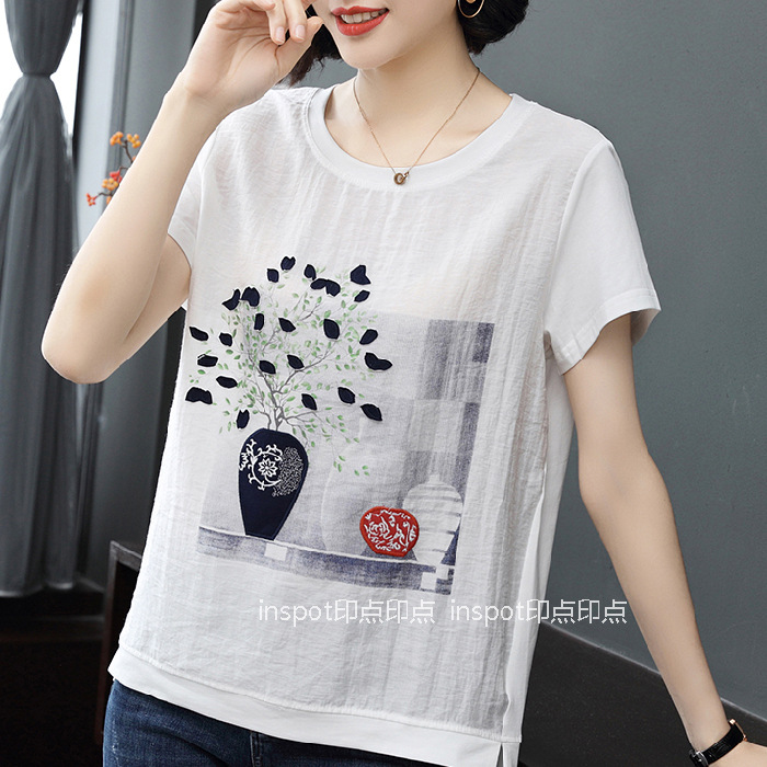 Women's Cotton Short-Sleeved T-shirt 2023 Summer New Women's Large Size White Belly-Covering Printed Middle-Aged Mom Wear