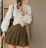 韩chic法式翻领设计感不规则褶皱下摆短款泡泡袖白衬衫女|ms