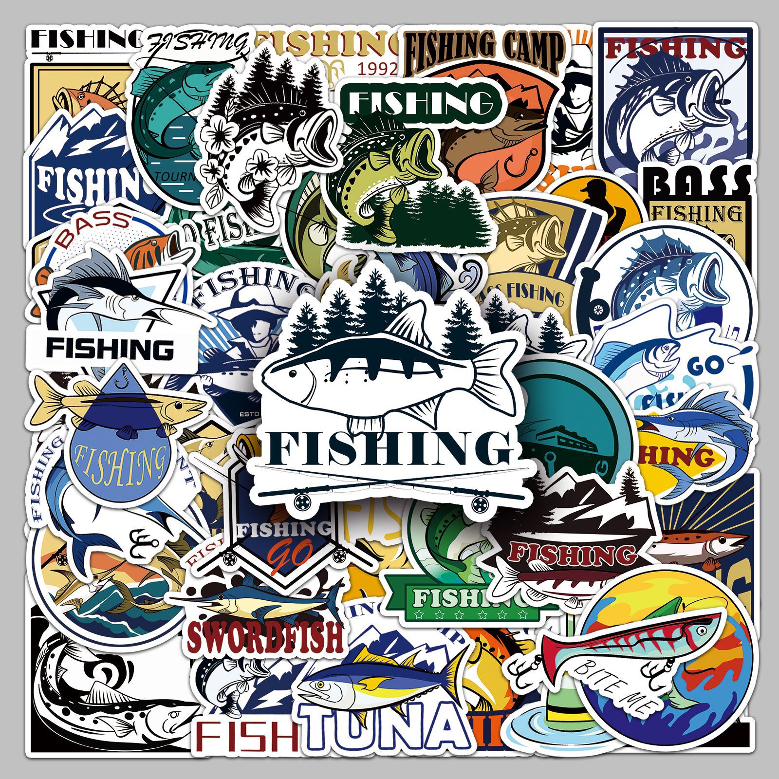 50张钓鱼贴纸不侵权涂鸦跨境原创防水装饰户外行李箱钓箱文具贴纸