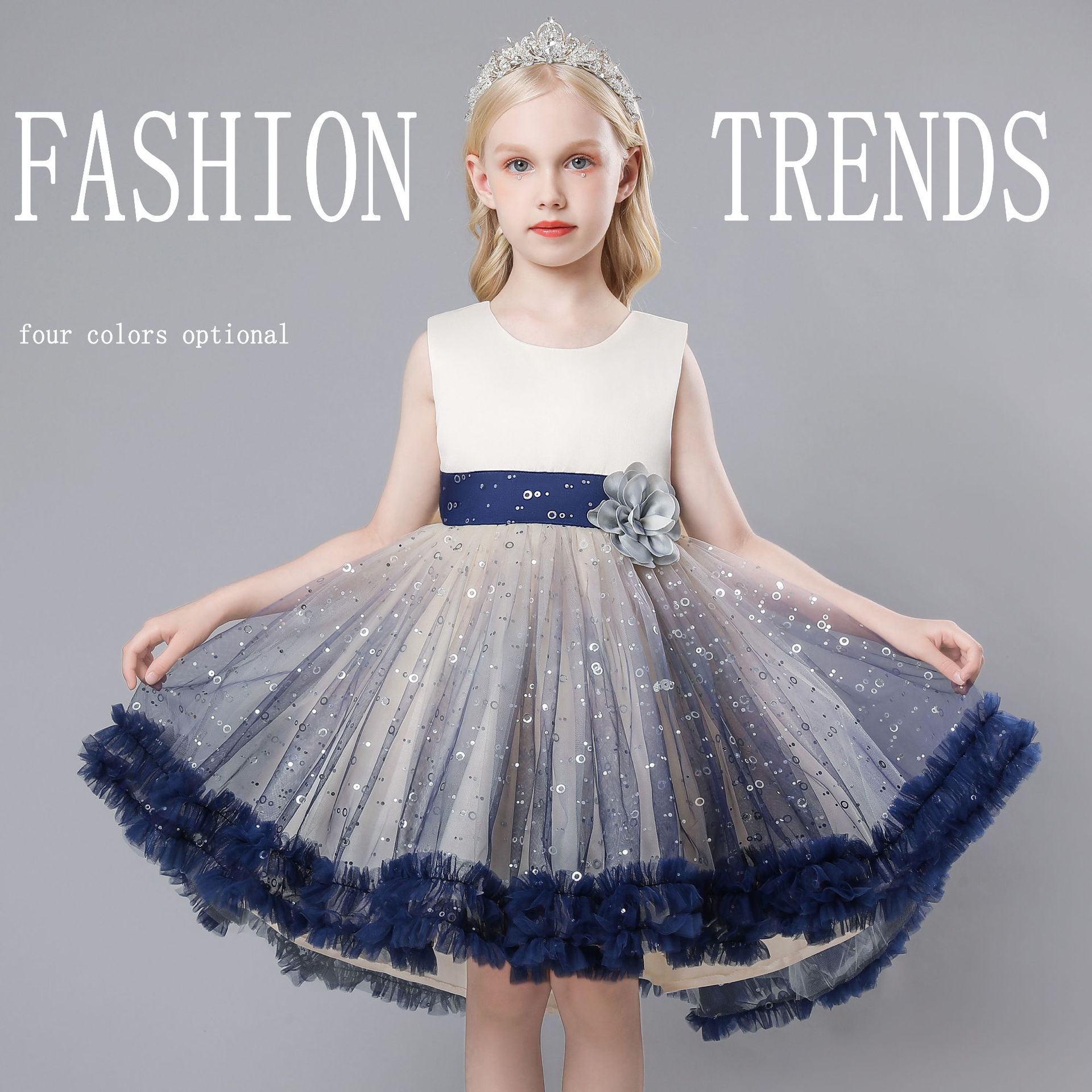 欧美女童公主裙拖尾礼服童装蓬蓬裙儿童网纱连衣裙花童走秀演出服