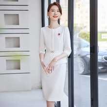 白色职业连衣裙2024夏季新款气质修身高端主持人正装假两件连身裙