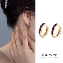925纯银法式方钻耳扣时尚个性黑色锆石耳环女欧美流行爆款新款潮