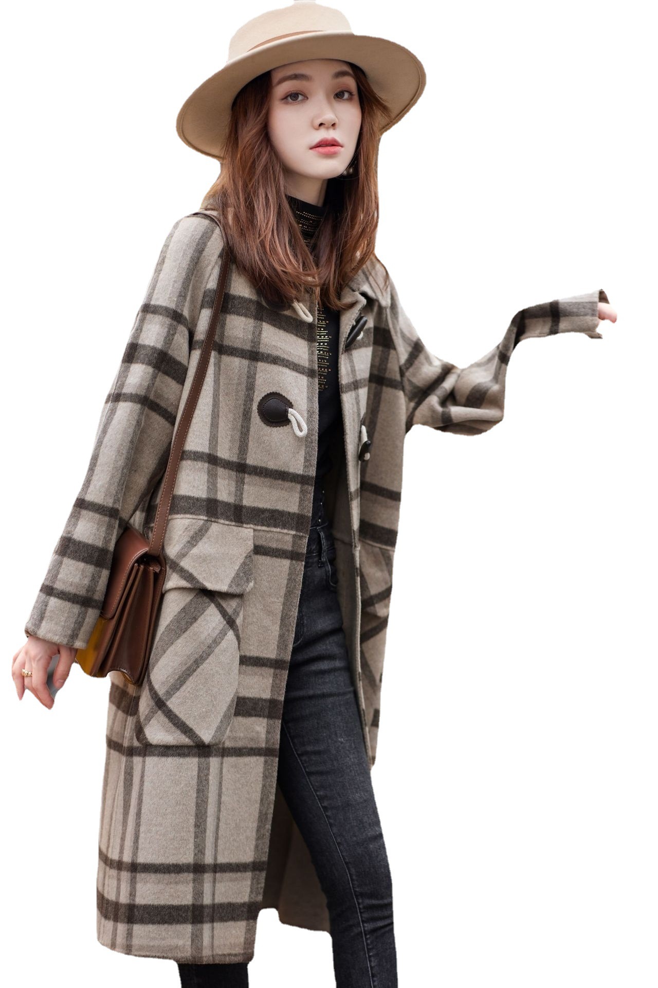 2021秋装民族风韩版格子棉无腰带毛呢羊毛气质通勤咖啡色风衣