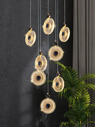 复式楼大吊灯长挑空阁楼大堂工程别墅客厅中空轻奢圆形贝壳楼梯灯