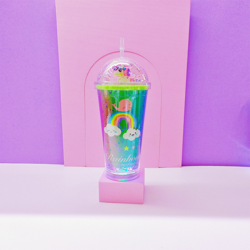 Cross-Border Factory Direct Supply Double Plastic Straw Cup Fashion Creative Rainbow Unicorn Cup