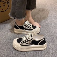 帆布鞋女厚底小白鞋2025新款夏季网红透气女鞋小个子黑色休闲板鞋