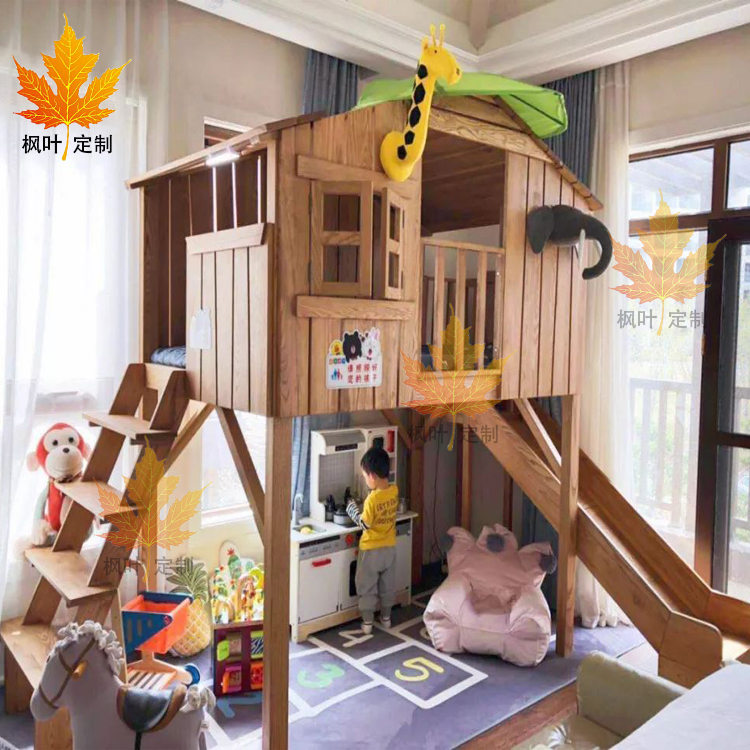 i1定 做儿童双层树屋床全实木男孩上下床公主城堡床滑滑梯组-阿里巴巴