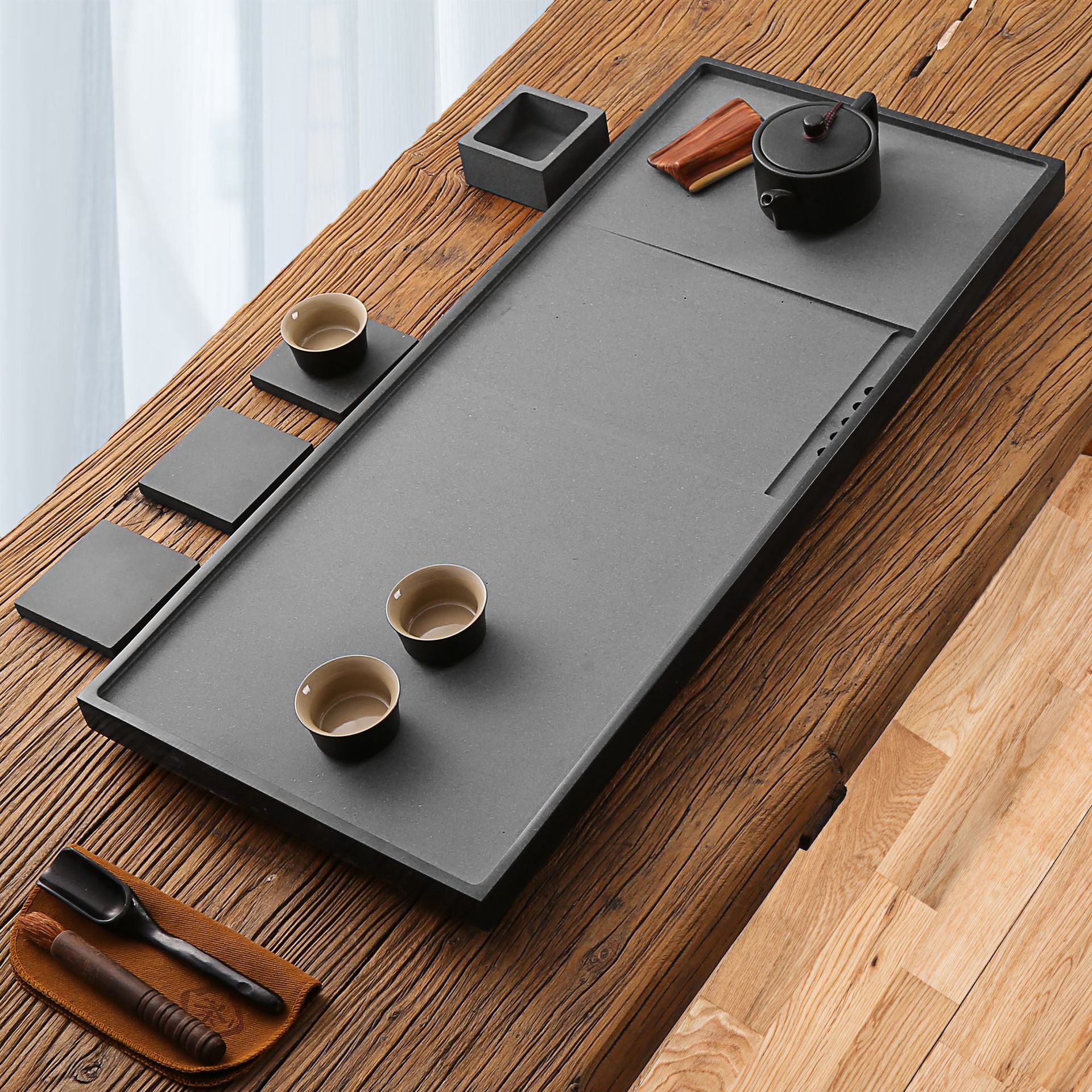 天然乌金石茶盘家用现代简约整块石头大小号石材茶台客厅中式茶海