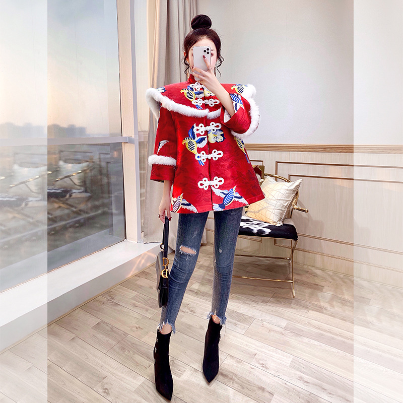 唐装风加厚拜年服大人棉袄冬装女装新年衣服红色喜庆过年旗袍