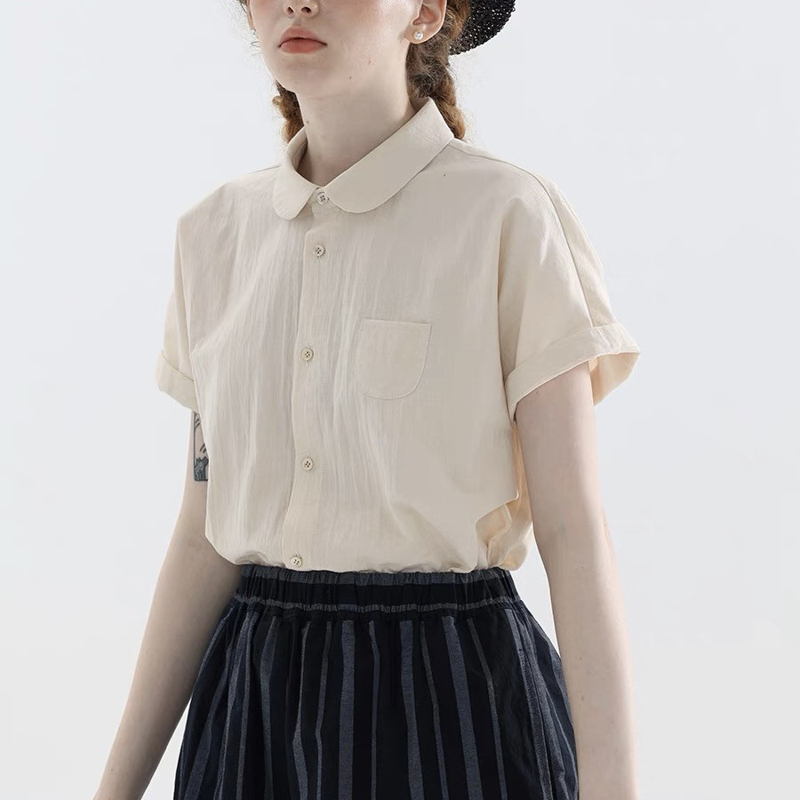 夏日新品 奶白色圆领简约短袖衬衫女夏款气质上衣