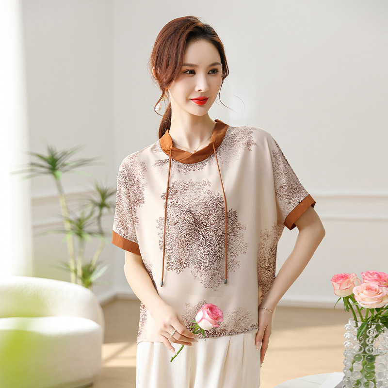 夏季妈妈装抽象印花减龄抽绳短袖套头t恤上衣百搭休闲中老年女装