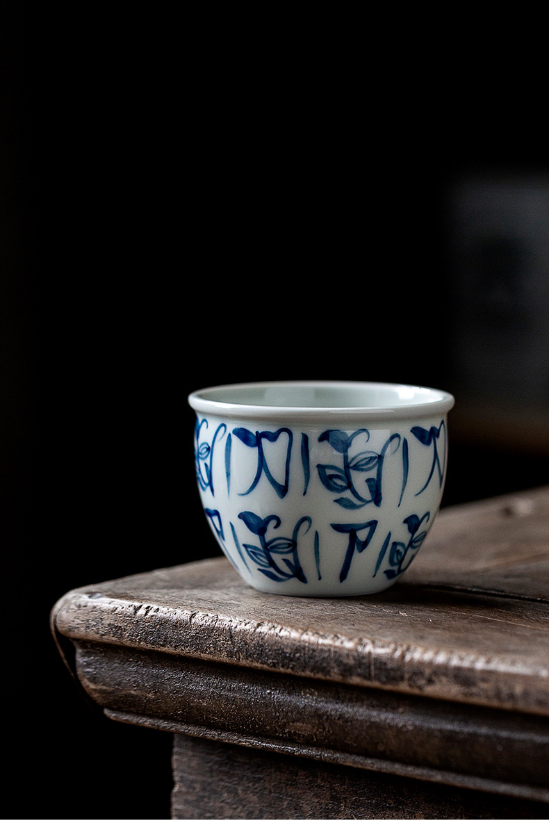 仿古胎景德镇手绘青花刀字纹主人杯单杯陶瓷茶具单个品茗杯小茶杯