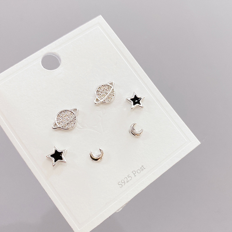 Sterling Silver Needle Micro Inlaid Zircon Planet Three-Piece Earrings Small Personality One Card Three Pairs Combination Earrings Earrings for Women