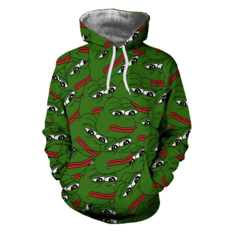源头厂家 青蛙印花连帽衫男女同款运动衫套头衫时尚口袋男连帽衫