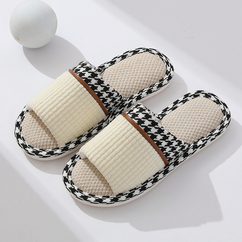 Internet Celebrity Linen Slippers Women's Indoor Chessboard Plaid Four Seasons Couple Thick Bottom Non-Slip Office Diablement Fort Slippers Men