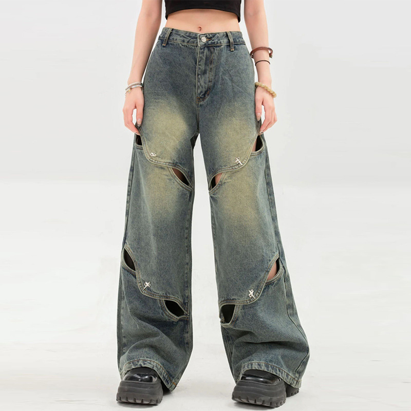 Niche Deconstruction Wide-Leg Jeans Women's American High Street Heavy Hollow Mop Pants Retro Design Long Pants Fashion