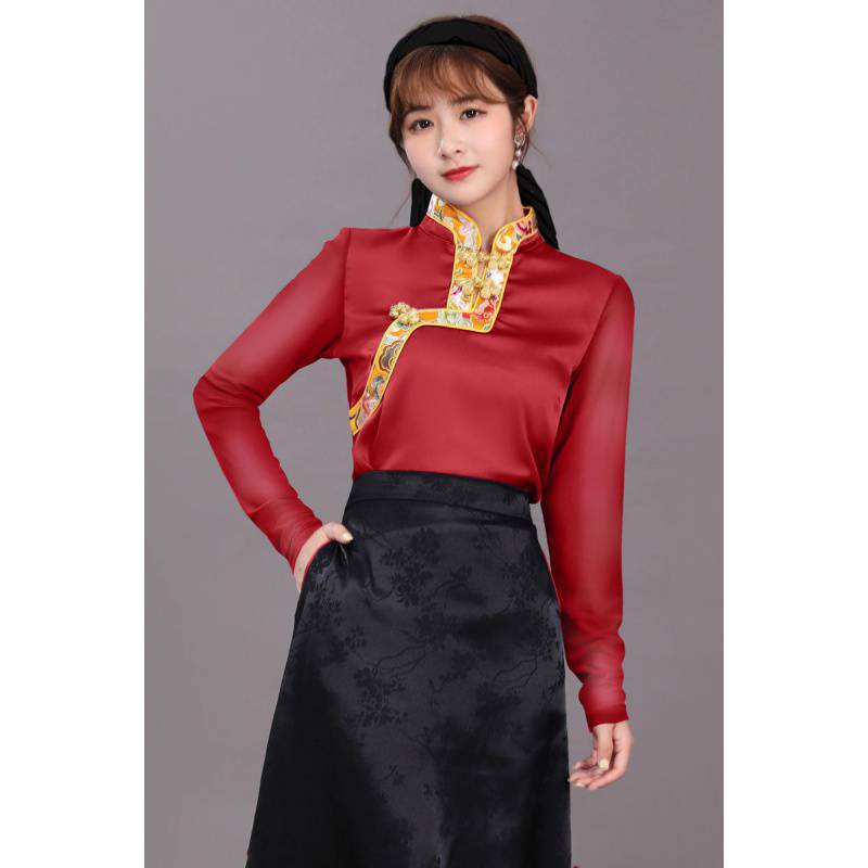民族风上衣长袖网纱春秋季藏族女装夏锅庄舞蹈服大码宽松藏服t恤