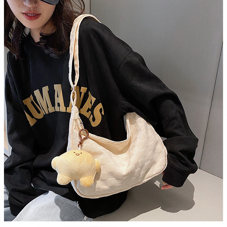 2023 New Women's Personalized Fashion Large Capacity Student Make-up Class Towel Grid Simple All-Match Shoulder Bag Trendy Oblique