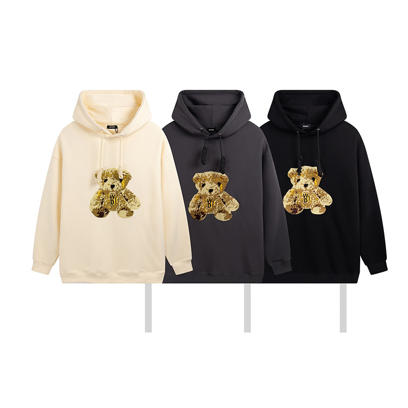 跨境潮牌we11done小熊刺绣薄绒连帽卫衣男女welldone高街帽衫外套