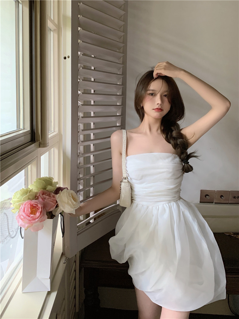 欧根纱蓬蓬连衣裙夏季2021可爱少女收腰遮肉显瘦小个子超短抹胸裙