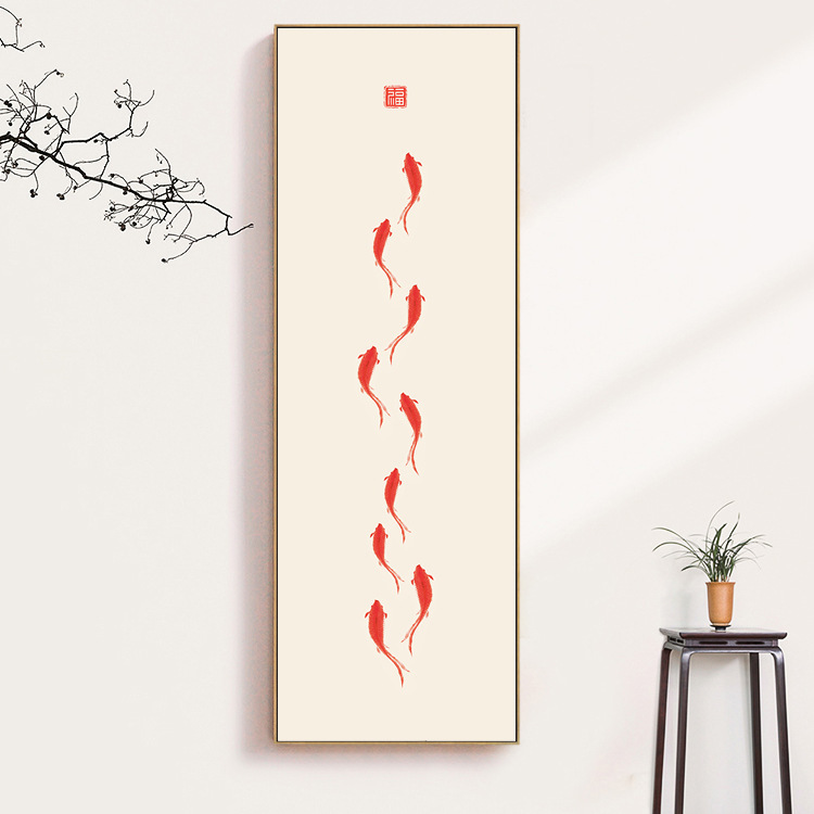 九鱼图锦鲤玄关装饰画新中式客厅走廊过道年年有余禅意挂画鱼福图