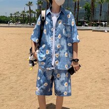 亚马逊2024新款外夏威夷沙滩风夏季男士印花短袖衬衫沙滩裤套装