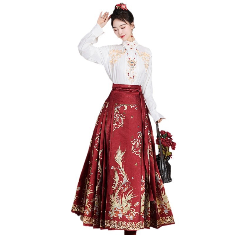 New Chinese Style Horse-Face Skirt Suit Women's Makeup Flower Hanfu Toast Clothing Chinese Style Red Wedding Clothes Matching Top Winter Style